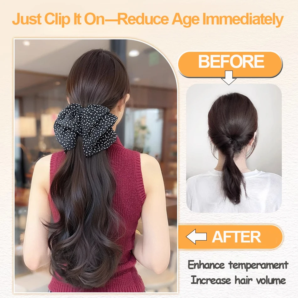 Body Wave Synthetic Claw Clip Ponytail Wig With Grab Clip Sweet Temperament Polka Dot Bow Ponytail Hairpiece For Daily Party Use