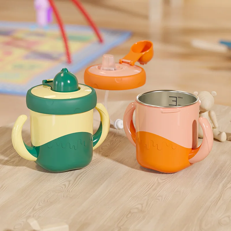 

Детская чашка для молока из нержавеющей стали с градуированной соломой, устойчивые к падению чашки для питья для зимней бутылки с водой для детей