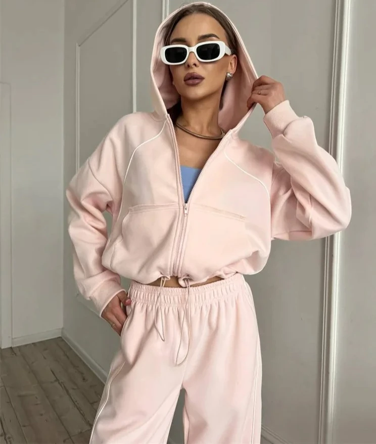

Fashion Sportswear Women's Solid Color Zippered Cardigan Hooded Sweatshirt Casual Trousers Two-piece Set