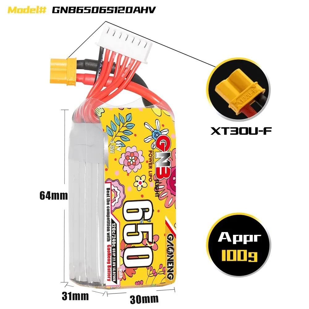 GAONENG 6S 650mAh LiHV 22.8V 120C XT30 HV LiPo Battery for 2 to 2.5 inch FPV Brushless Drones Racing Freestyle Cinewhoop view 2
