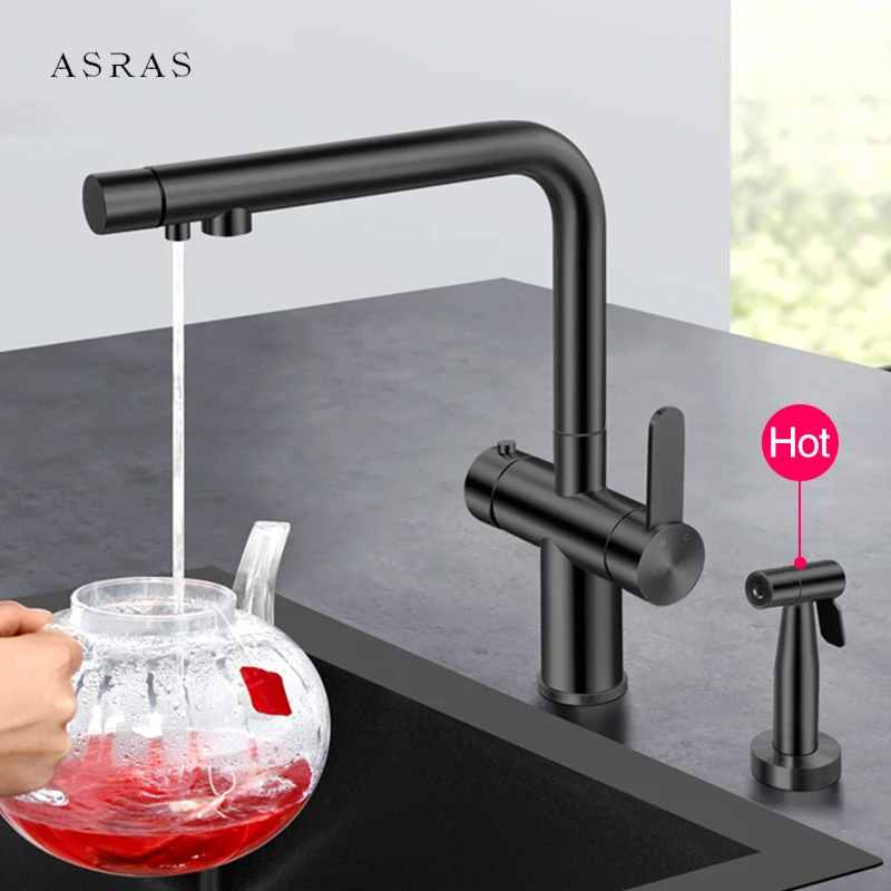 

ASRAS Black Brass Kitchen Sinks Faucet Hot And Cold Water Filter Drinking Water With Hot Water Spray Gun 3 In 1 Kitchen Faucet