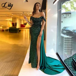 Lily Green Evening Dress Strapless Glitter Mermaid 프롬드레스 With Pleats Off The Shoulder Prom Dress Sexy Side Split Party Dress