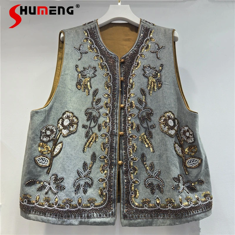 

Feminine Fashion Embroidered Sequin Beaded Denim Vests 2026 Women's Round Neck High-End Trendy Tops Elegant Nice Denim Tank Tops