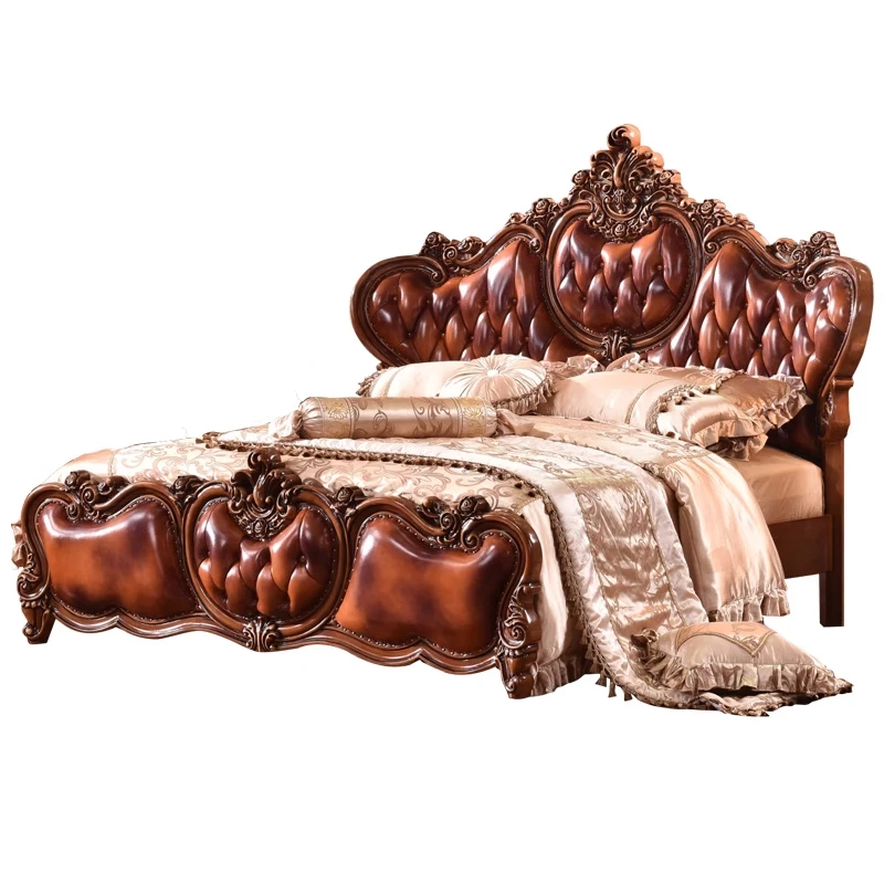 

*&Retro European Leather Bedroom Wedding Bed Luxury Villa Solid Wood French Soft Package American Master Bedroom Bed
