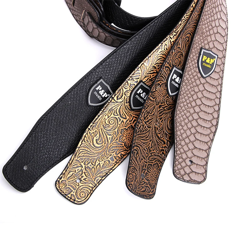 Guitar Strap for P&P Genuine Leather 2.5 Inch Adjustable Soft Embroidered Belt Classical Bass Music Hobby Guitar Accessories