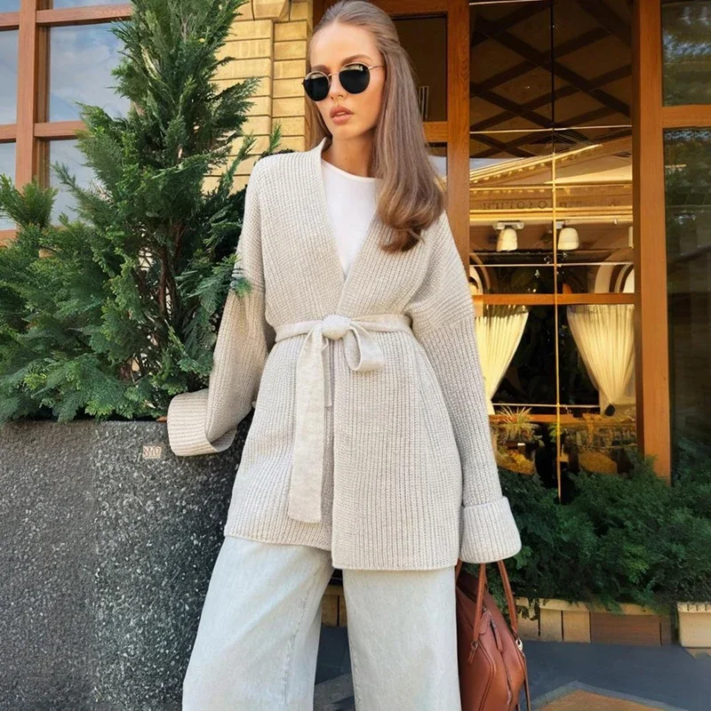 

Casual Knit Lace-Up Cardigan Women's Fashiona Loose Solid Long Sleeves Elegant Knitwear Coat Autumn Winter Female