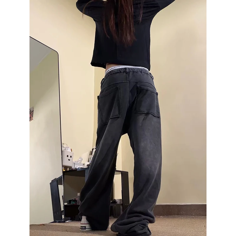 ZHIZOU Women Black Baggy Wide Leg Sweatpants Oversize High Street Pants Harajuku American 2000s Vintage Y2k Rivet Dance Trousers