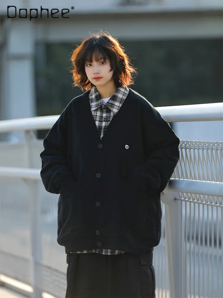 

Spring Autumn Japanese Commuting Style Men's V-neck Black Embroidered Knitted Cardigan Couple Style Loose Casual Blue Sweater