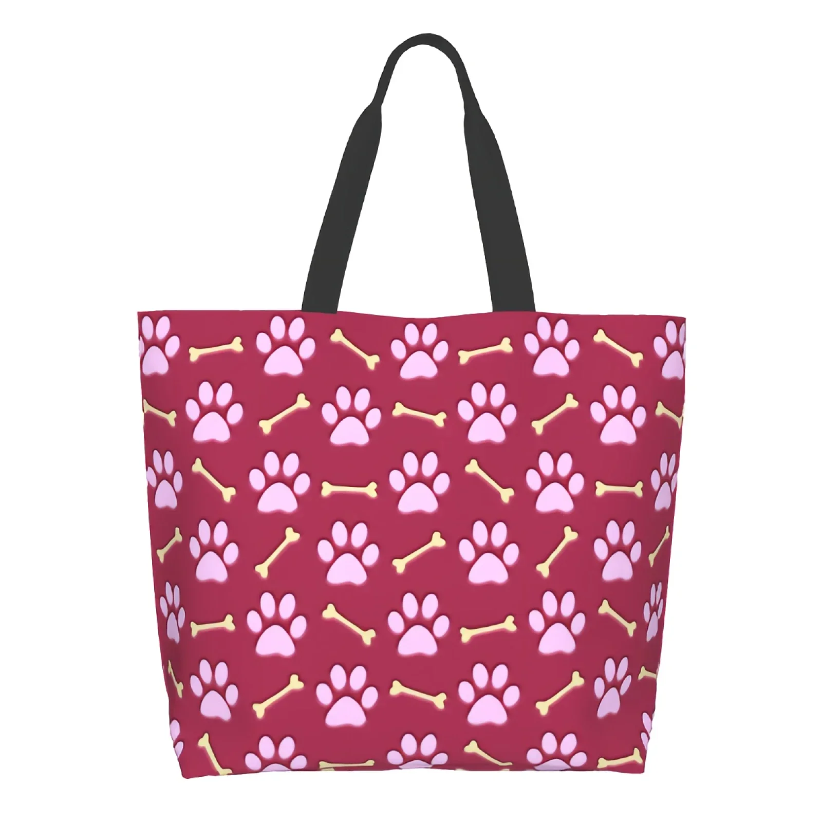 Pink Paw Print Dog Traces Footprint Pet Tracks Puppy Footstep Toe Shape Canvas Tote Bag for Women Weekend Kitchen Grocery Bags