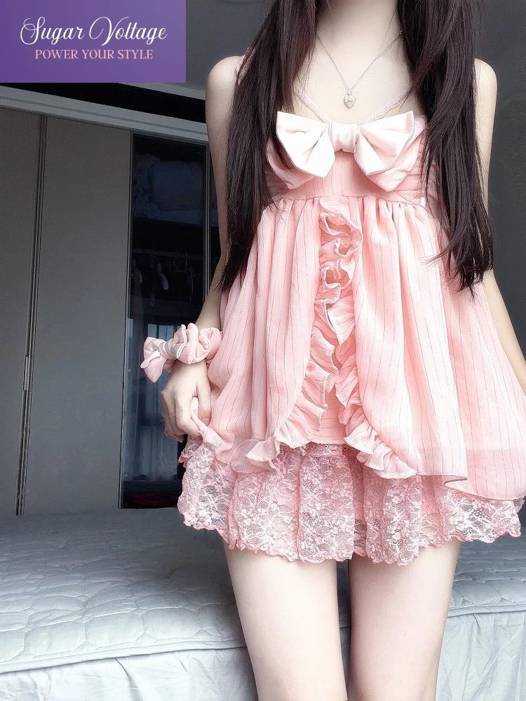 Conjunto de 2 Piezas Estilo Harajuku Japonés, Lindo y Dulce, Top Corto con Lazo Rosa para Mujer + Minifalda de Encaje, Atuendos Casuales Kawaii Y2K de Verano