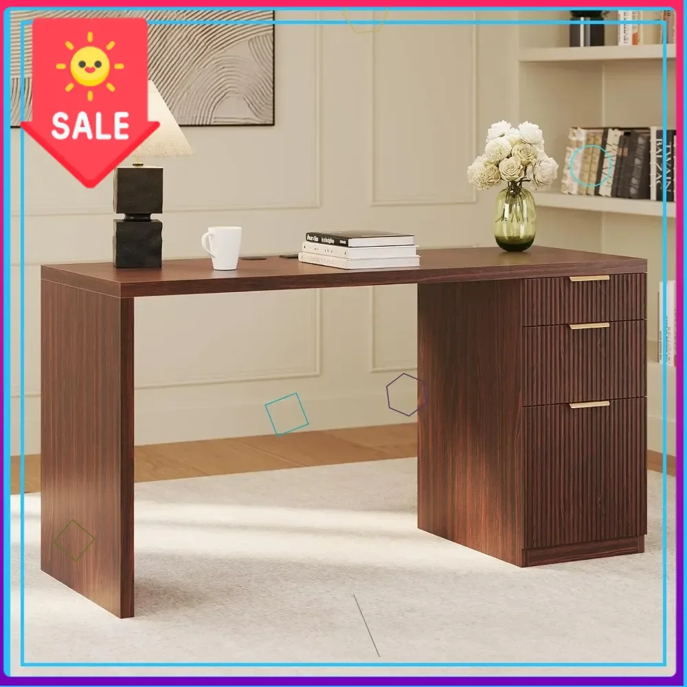 

Горячая распродажа: Современный офисный стол 58 дюймов с местом для хранения, ящиками и зарядной станцией, деревянный стол с рифленой столешницей для домашнего офиса, кабинета, гостиной