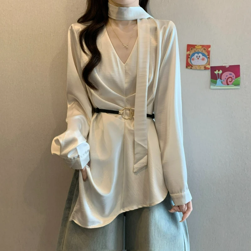 

Elegant Ladylike Style Satin Ribbon V-neck Shirt 2026 Spring Autumn New Fashionable Large-sized Stylish Belt-cinched Loose Top