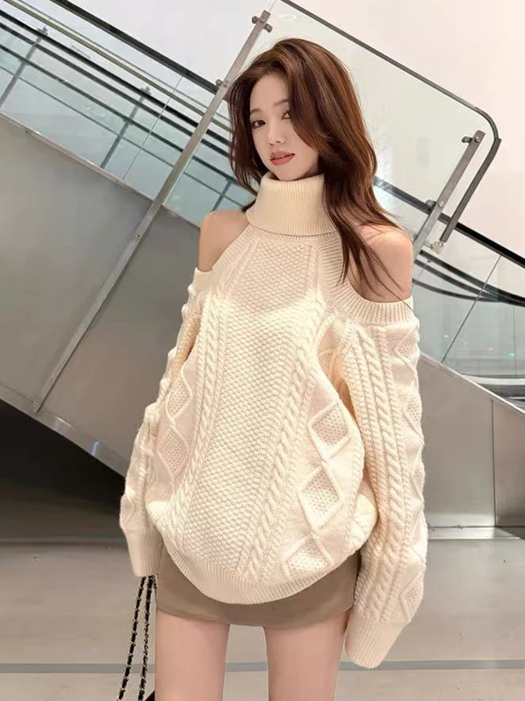 

Sexy Off Shoulder Turtleneck Sweater Women Y2K Autumn Loose Lazy Style Knitted Pullovers Korean High Street Casual Jumper New