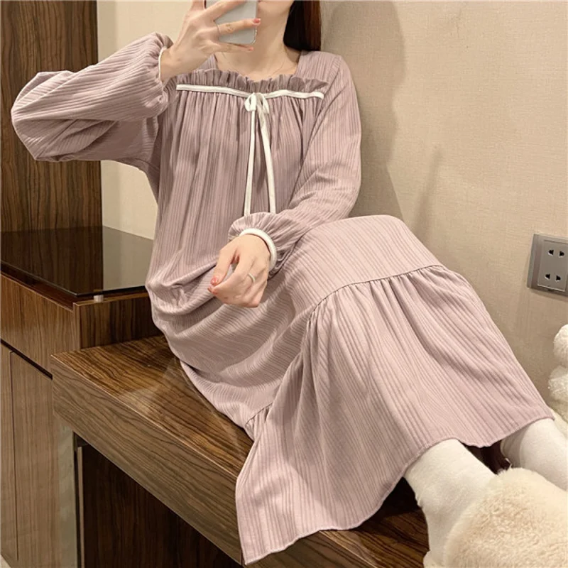 

Spring and Autumn New Pajamas and Loungewear Long Dress, Off-Shoulder Style, Girl Princess Long-Sleeve Nightgown, Casual Wear