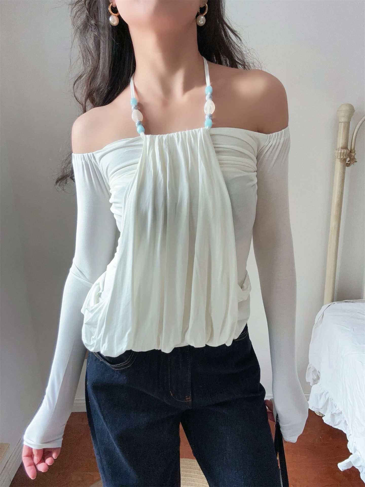 DADANA Pure Desire ビーズデザイン長袖肩出しベースTシャツ レディース ネックハンギング フルボディ体型カバー ストレートカット 1