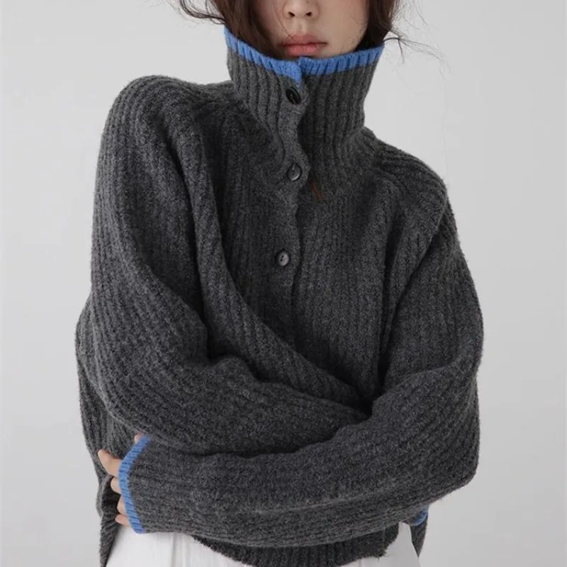الشتاء موضة جديدة المرأة الكورية الراقية أنيقة سترة مشغولة من الصوف الدافئة فضفاضة سميكة الكشمير طوق سترة بأكمام طويلة #1