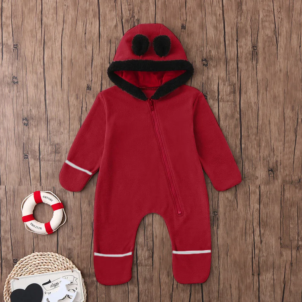 3 6 12 18 24 Months Winter Baby Romper Infant Boys Girs Jumpsuit Toddler Cartoon Ears Hooded Jumpsuit Zip Children\'s Clothes