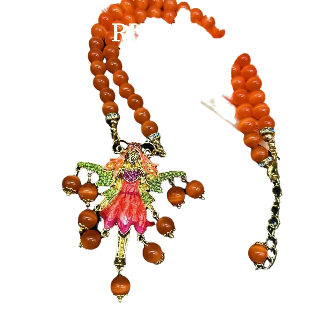 تشينغداو خمر الملاك شرابة Glze KF قزم حجر الراين البرتقال قلادة القرون الوسطى المتخصصة الأزياء قلادة للنساء #5