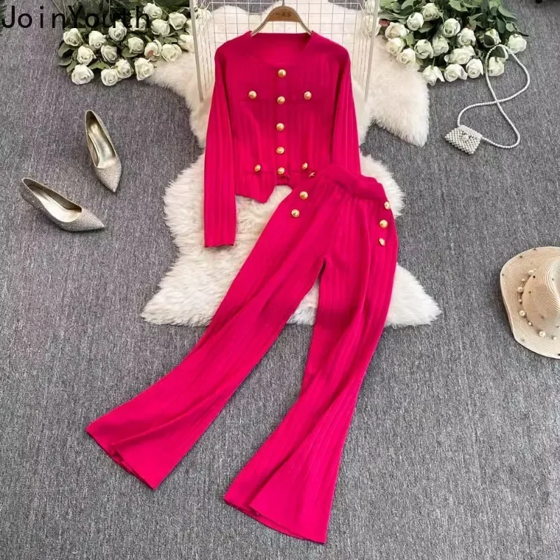 2 Piece Sets Womens Clothing Pants Outfits Single Breasted O-neck Crop Tops High Waist Straight Wide Leg Pants Suit Knitted Set