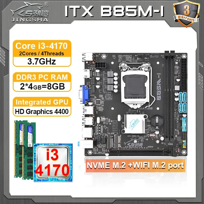 JINGSHA B85 itx Motherboard Set with i3 4170 CPU + 8GB DDR3 RAM Placa Mae LGA 1150 Desktop Assembly Combo Kit LGA1150