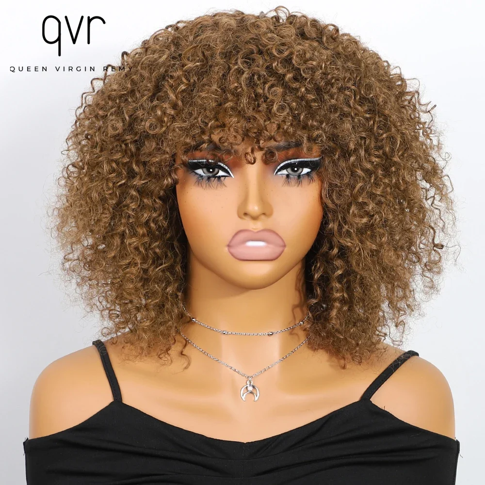 

QVR Blonde Short Afro Kinky Curly Wig With Bangs #6 Glueless Full Machine Wig 200 Density For Black Brazilian Short Human Hair