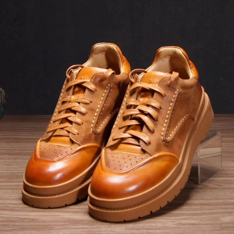 

Повседневная мужская обувь ручной работы, высококачественные дышащие кроссовки ручной работы из воловьей кожи растительного дубления на толстой подошве в стиле ретро