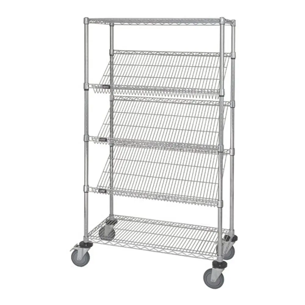 Quantum Storage Systems M1836Sl6C 5-Tier Wire Shelving Unit With Slanted Shelves, Mobile, Chrome Finish, 400 Lb. Load Capacity,