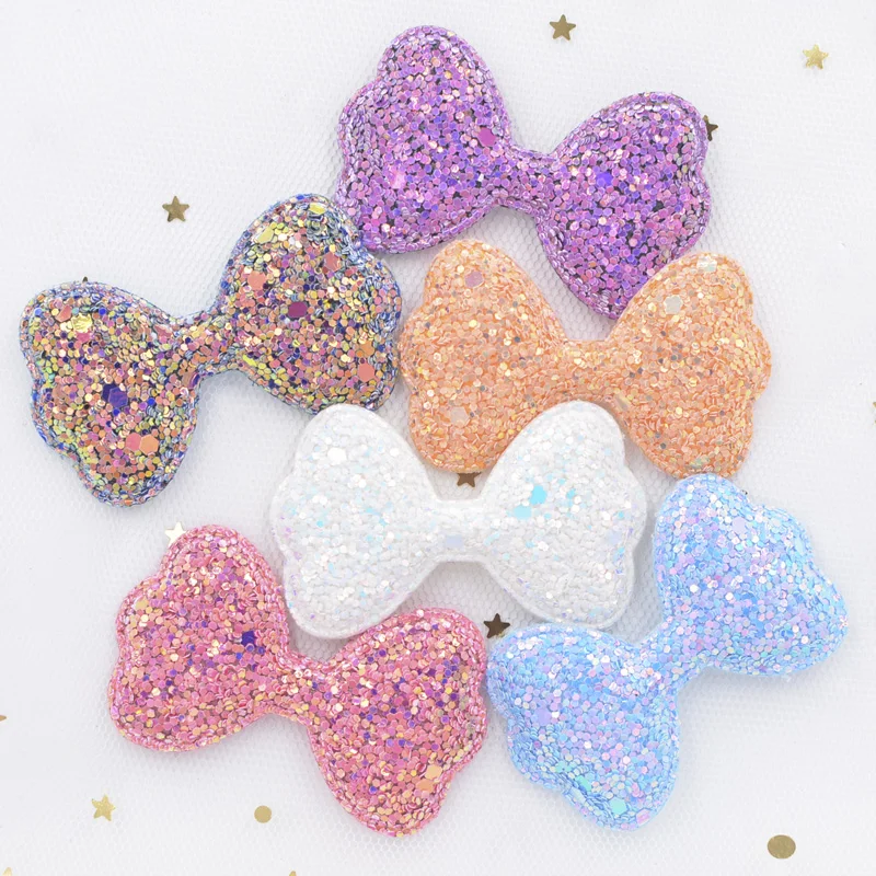 12Pcs 55mm Shiny Fabric Padded Patches Glitter Bow Tie Appliques for Craft Clothes Stickers Supplies DIY Hair Clips ornament