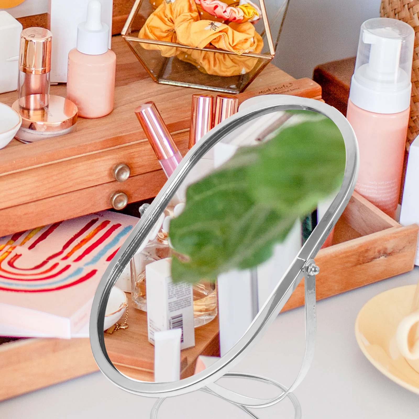 

Oval Shape Makeup Mirror Swivel Vanity Tabletop Desktop Rotating Mirror for Bedroom Dressing Or Office Desk Mirrors for Bedroom