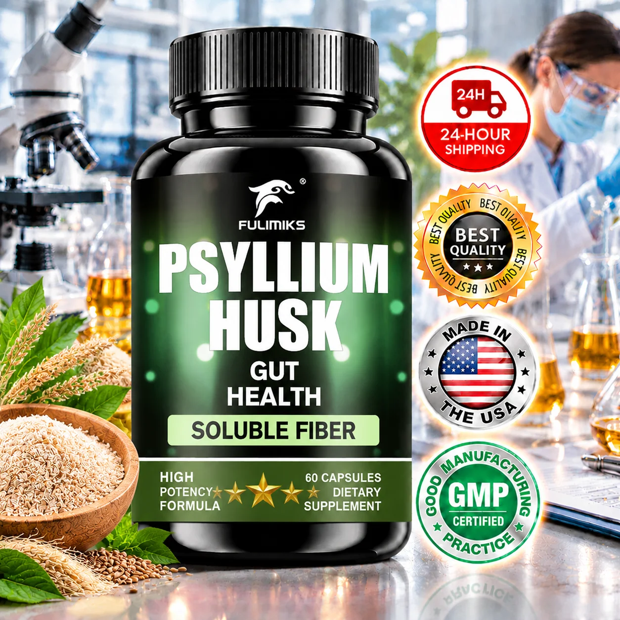 Psyllium Husk Capsules, with Natural Soluble Fiber, Support Heart & Blood Sugar, Gut, Circulation, Digestive Health, Antioxidant