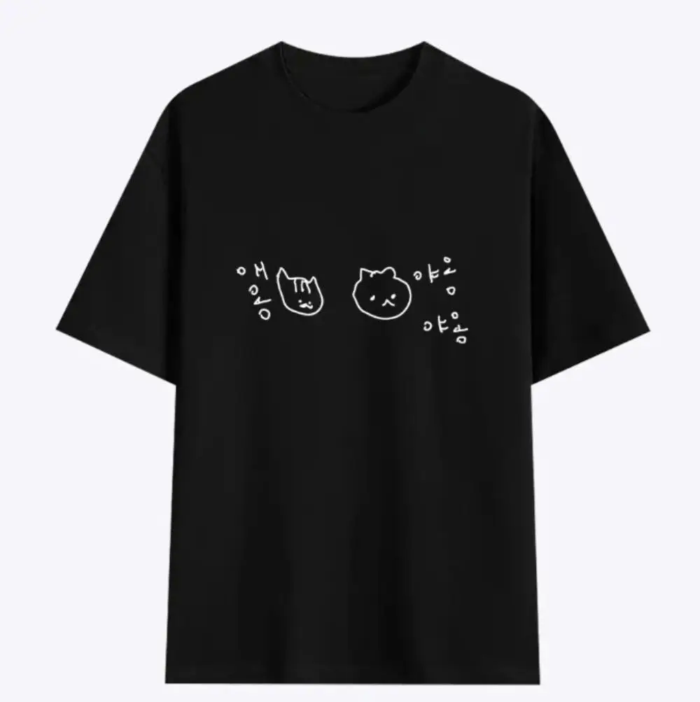 Korean Cute Cat Happy Life Doodle Short-sleeved Printed T-shirt Top Women Kawaii Line Art Cat Meme Graphic Casual Y2k Streetwear