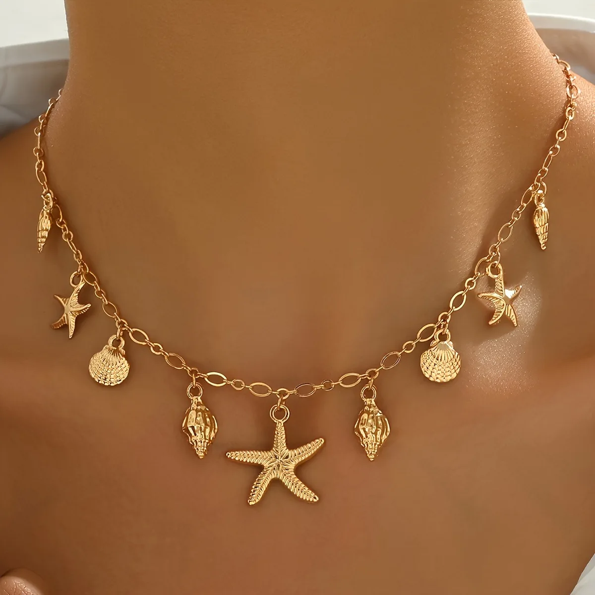 Shell Starfish Scallopes Pendants Necklace Bohemian Style Ocean Series Retro Personality Adjustable Buckle Women Accessory