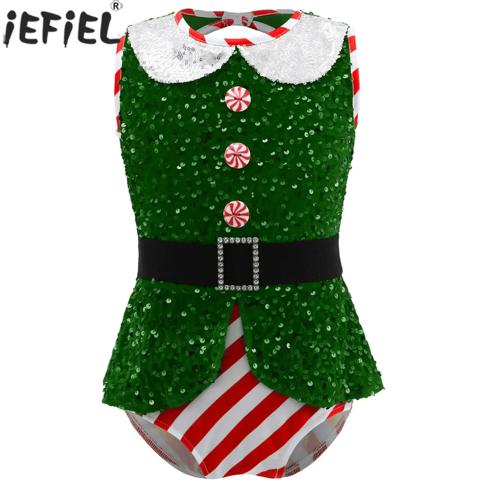 Girls Christmas Santa Elf Cosplay Costume Sequin Stripe Candy Button Ballet Dance Gymnastics Leotard with Belt for Xmas Carnival