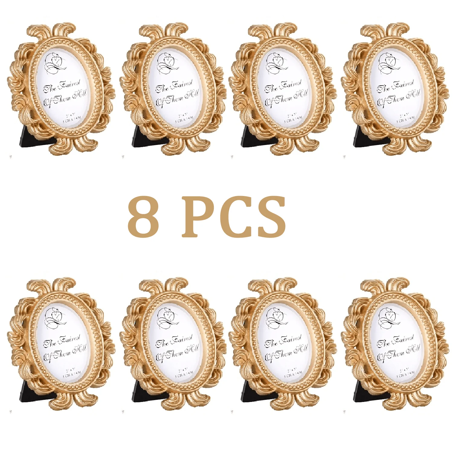 8pcs Retro Golden Decorated Oval Photo Frame Set, 2-Inch X 3-Inch Mini Photo Frame with Rack Back, Vintage Decorative Frame for