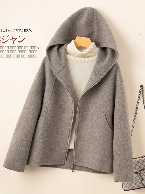 

Двустороннее шерстяное пальто с капюшоном на молнии, женское, корейское, осенне-зимнее, высококачественное, модное, из овечьей шерсти, верхняя одежда