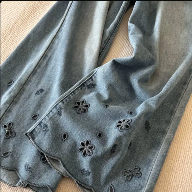 

Lady Casual Jeans Hollowed Out Embroidered High Waisted Wide Leg Loose Straight Solid Color Simple Daily Versatile Cropped Pants