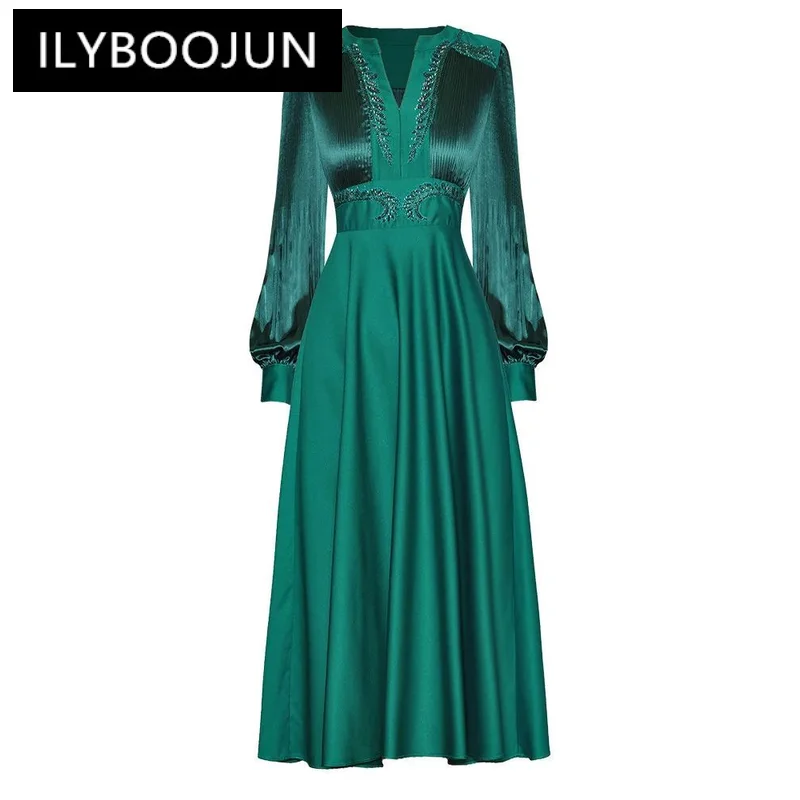 

ILYBOOJUN 2024 Summer High Qulity New Dress Women V Neck Lantern Sleeve Beading Ruched Design Princess Big Swing Midi Dresses