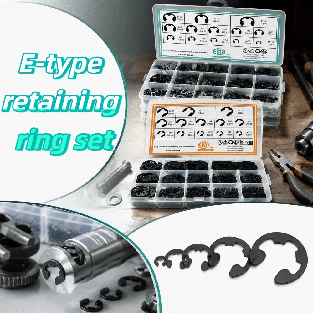 Black Color E-Type Circlip Assortment Set M1.5-M15 Size Range Solid Texture Black Circlip Set Excellent Wear Resistance