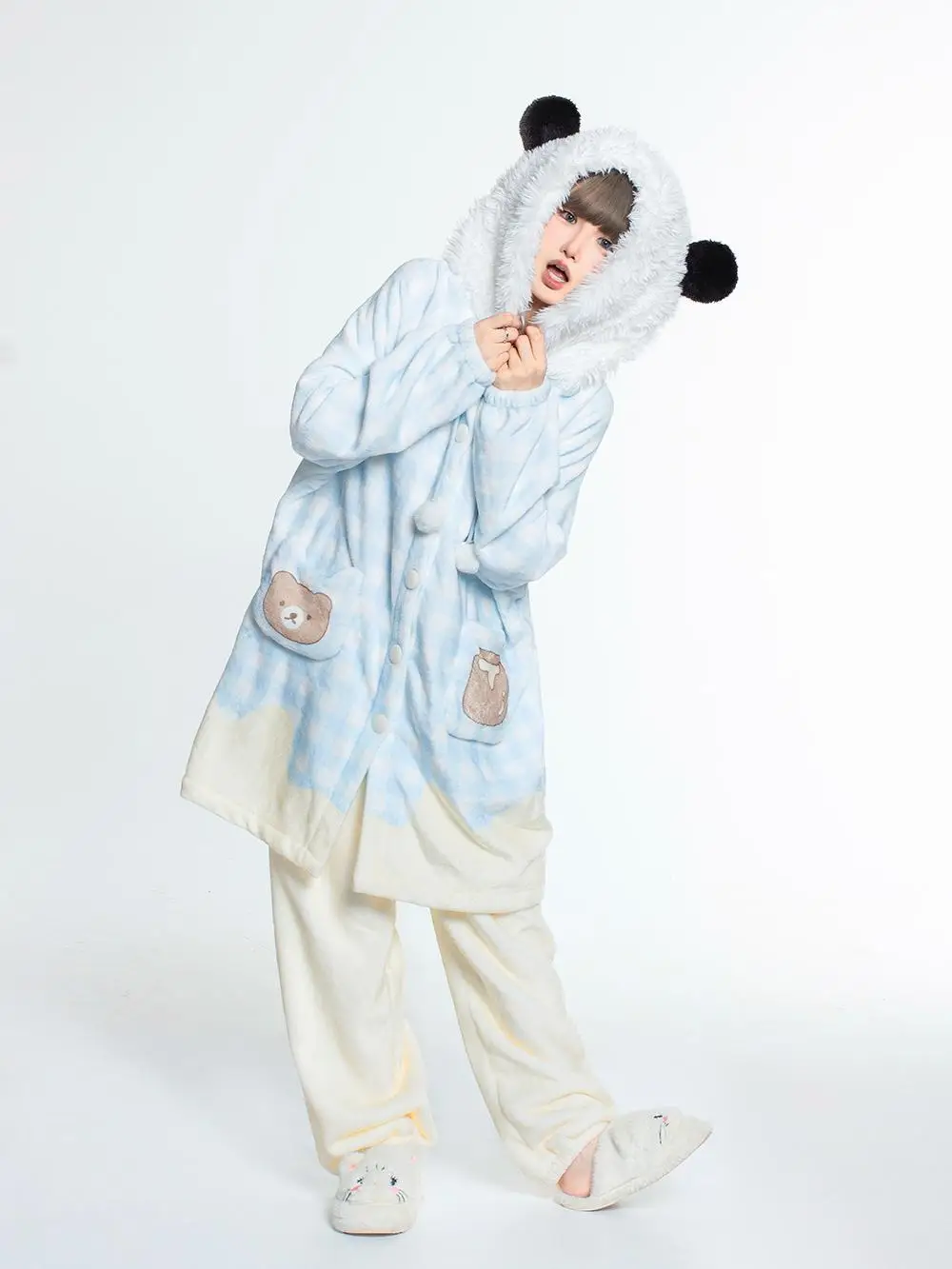 Blue Plaid Nightgowns Cartoon Hooded Women Winter Warm Long Sleeve Single-breasted Loose Cute Bear Pajama Sets Homewear