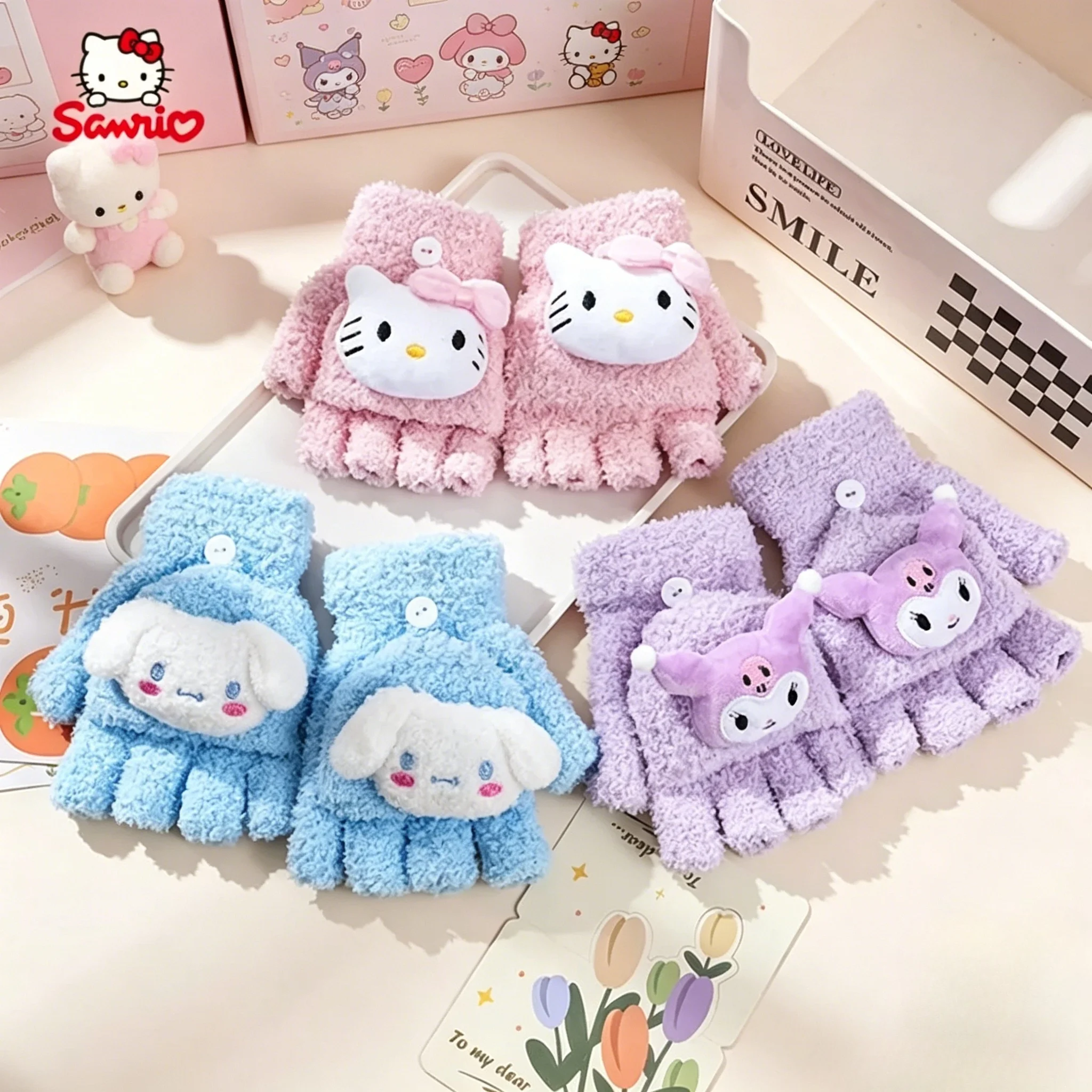 New Kawaii Kids Warm Gloves Kuromi My Melody Hello Kitty Cold-Proof Winter Finger Gloves Plush Touchscreen Cozy Warm Kids' Gifts