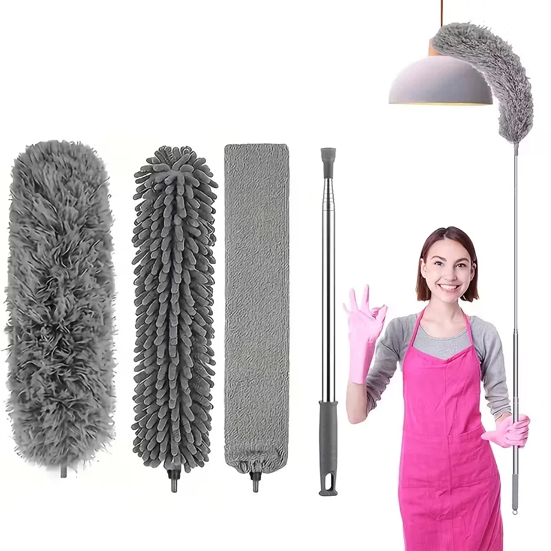 4 Stück ausziehbare Mikrofaser-Staubbürsten mit biegbaren Köpfen – wiederverwendbar und waschbar, ideal für hohe Decken, Wohnzimmer, Schlafzimmer