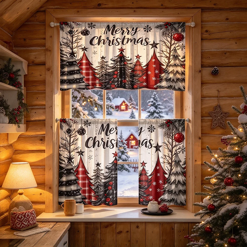 Kitchen Valance and Short Curtains Set, Plaid Holiday Tree, Vintage Style, Christmas, Tier Curtains, Bright Kitchen Decor