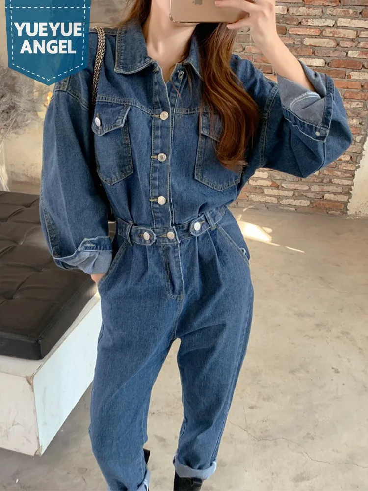 

Women One Piece Long Sleeve Loose Fit Denim Jumpsuit Boyfriend Style Autumn Cargo Pants Casual Streetwear Pockets Jean Jumpsuits