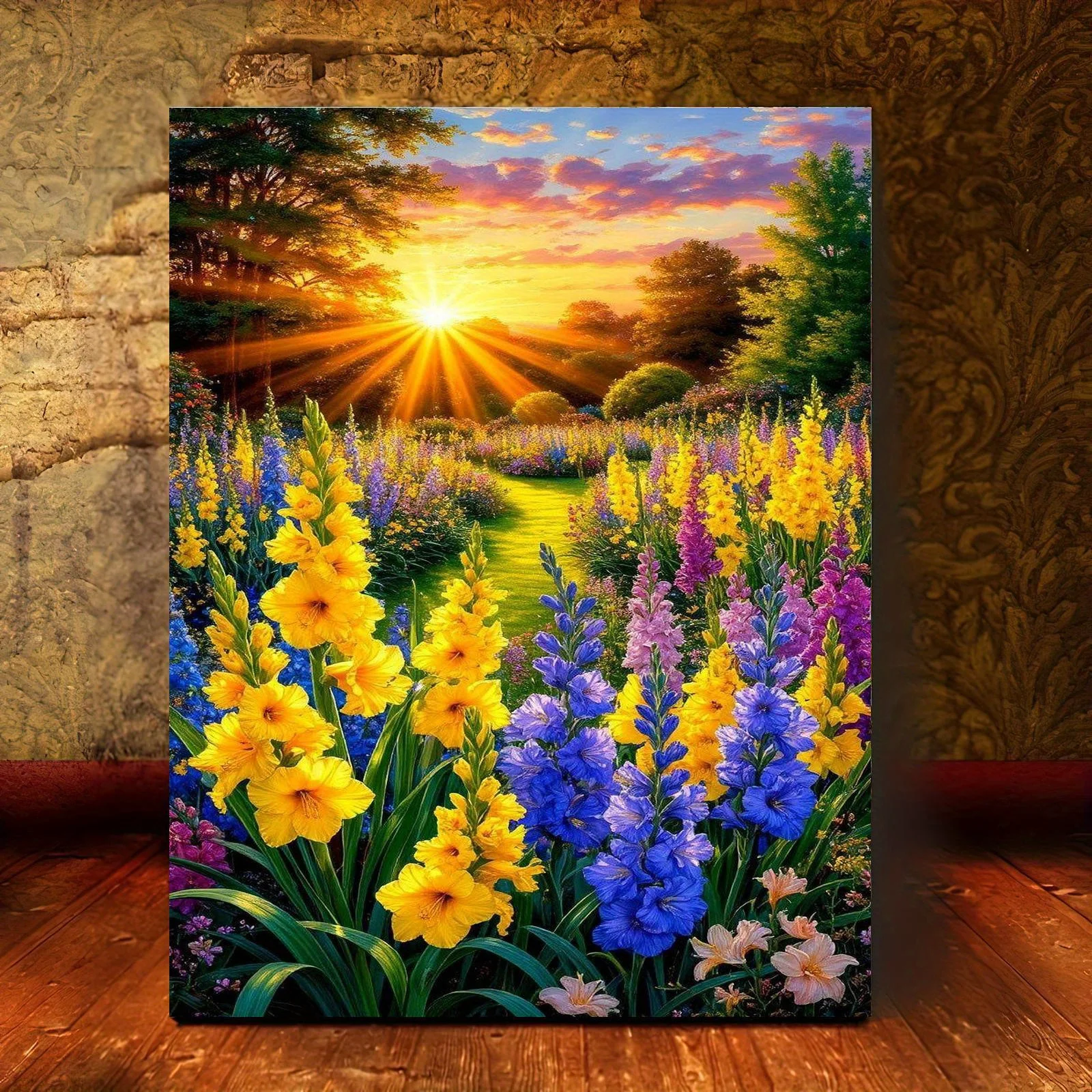 Professional Art Use 1pc Frameless Digital Oil Painting Kit, Dreamy Floral Path with Blooming Flowers at Sunset, Includes Can
