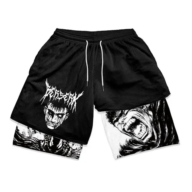 Shorts de desempenho anime berserk para homens, shorts de treinamento de ginástica, treino esportivo, estampa, corrida esportiva, Y2K, 2 em 1, verão