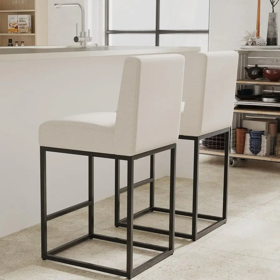 

Комплект из 2 барных стульев из ткани с высокой спинкой и подставкой для ног, для кухни, современные металлические барные стулья, льняная обивка, U-образная форма