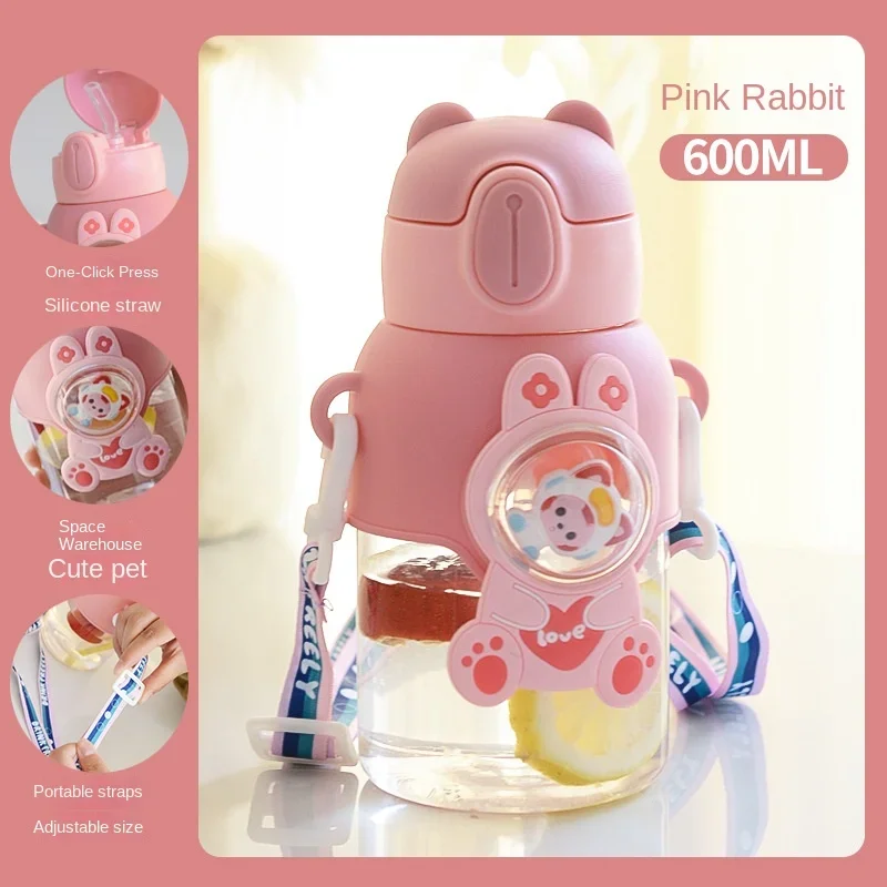 600ml Kids Water Sippy Cup with Straw Cartoon Leakproof Water Bottles Outdoor Portable Drink Bottle Children's Lovely Kawaii Cup