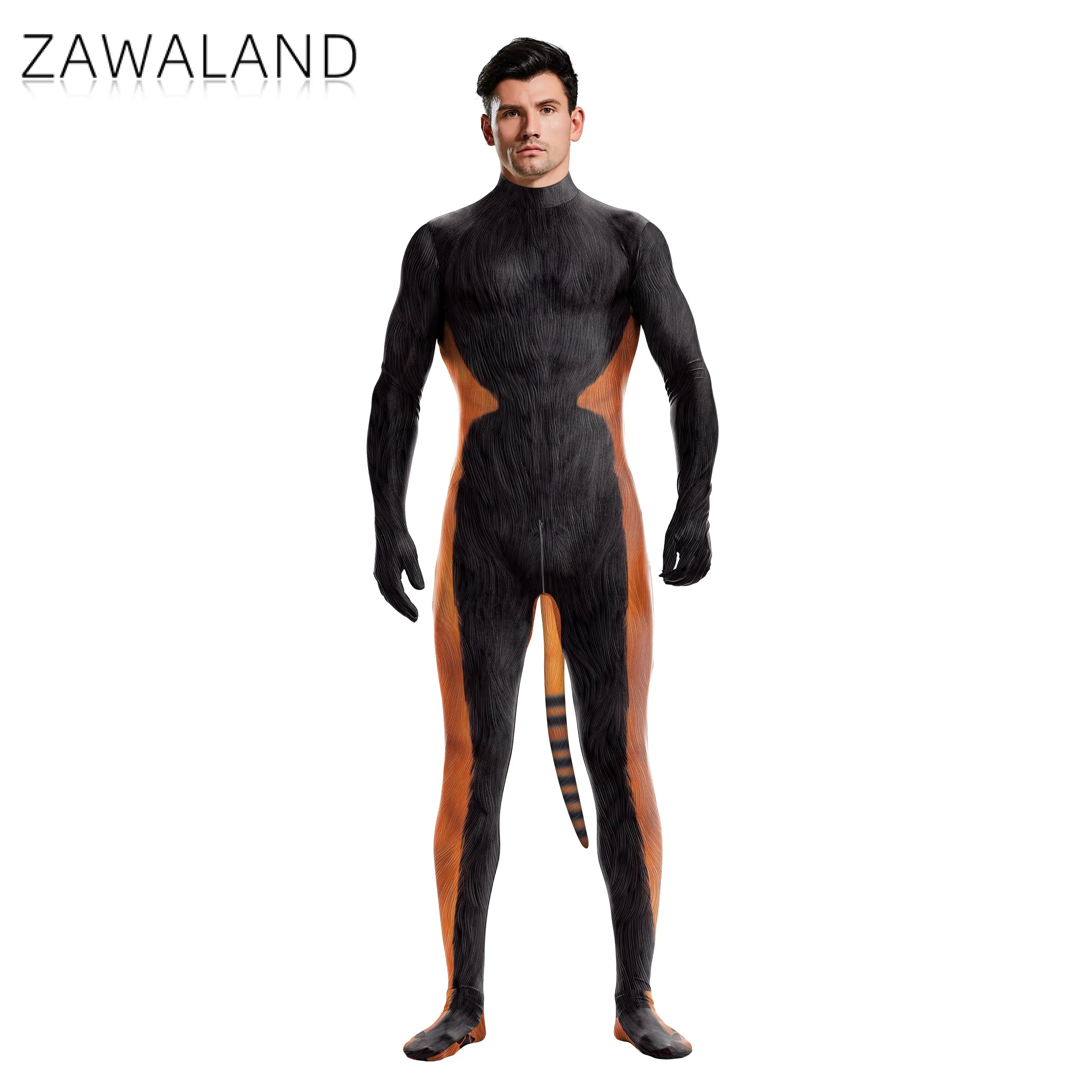 Zawaland Sexy Luipaardprint Dier Cosplay Kostuum Kleding Rits Zentai Bodysuits Mannen/Vrouwen Vermomming Jumpsuits Met Staarten