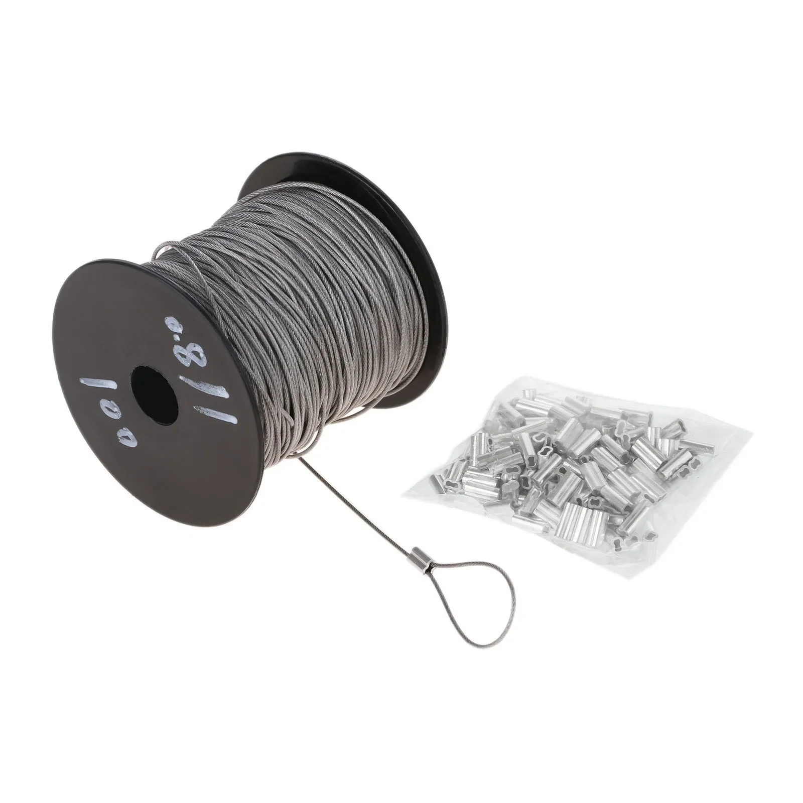 

100m Stainless Steel Wire Coated Rope +150pcs Crimping Loop Sleeve 7x7 1mm Diameter Multifunctional 328 Feet Cable Garage Tools