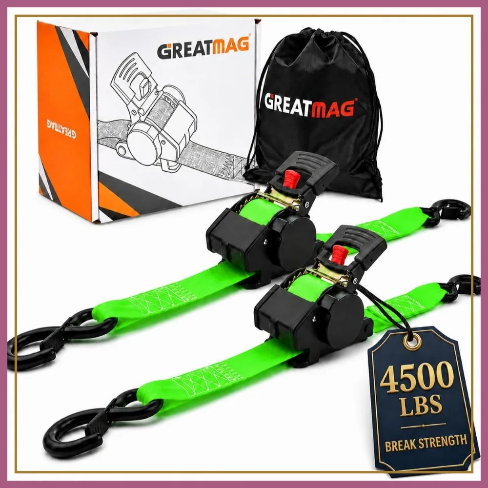 

Retractable Ratchet Straps 2" x 10ft, 4500 lbs Heavy-Duty Tie Down Straps for Truck Trailer, 2 Pack